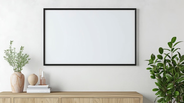 Cornice di poster bianca che adorna una parete bianca in un soggiorno completata da un tavolino di legno e una T