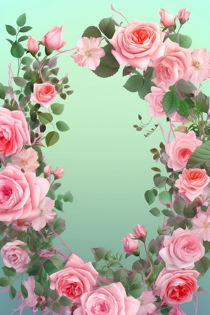 Cornice di rose rosa in fiore su sfondo verde