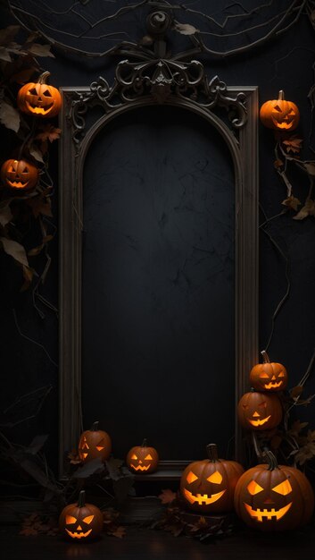 cornice di sfondo di Halloween con spaventose zucche candele nel cimitero di notte con un castello backg
