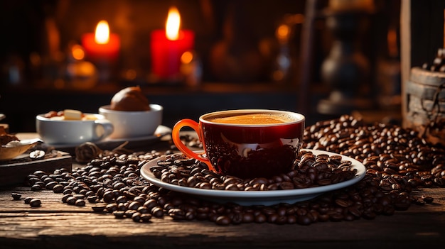 Cornice di tazza di caffè e fagioli sulla tavola di legno contro uno sfondo di luce solare