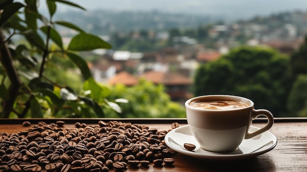 Cornice di tazza di caffè e fagioli sulla tavola di legno contro uno sfondo di luce solare