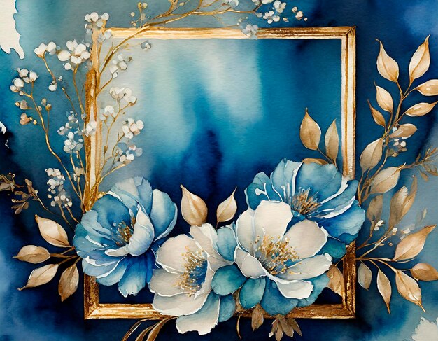Cornice dorata con fiori blu acquerellati su uno sfondo marino modello di invito al matrimonio