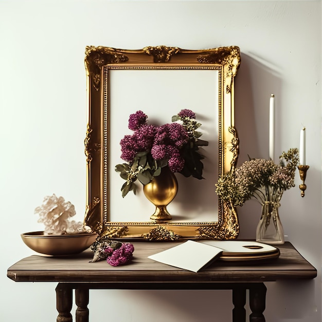 cornice dorata con fiori sul tavolo bianco in camera