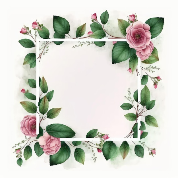 Cornice esagonale di fiori rosa e foglie verdi con pittura ad acquerello congedo