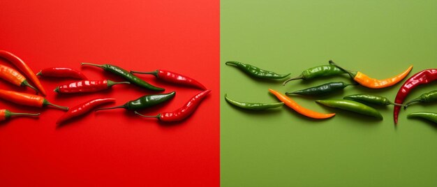 cornice fatta di peperoncini rossi e verdi caldi su uno sfondo rosso piatto