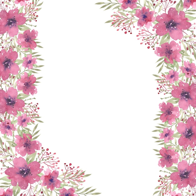 Cornice floreale ad acquerello da composizioni di fiori rosa con foglie e rami verdi