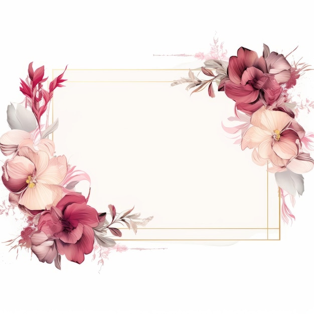 Cornice floreale con fiori e foglie rosa su uno sfondo bianco