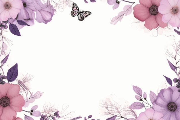 Cornice floreale con fiori viola e farfalle su uno sfondo bianco