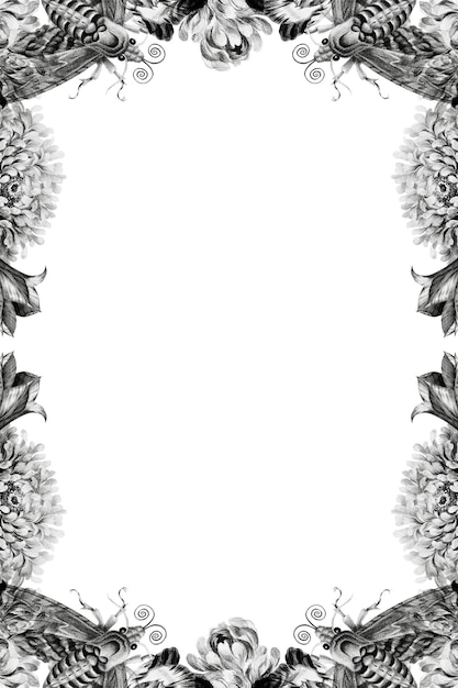 Cornice floreale in bianco e nero vintage con elemento di design delle falene
