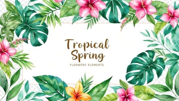 Cornice floreale tropicale primaverile con fiori vivaci e foglie verdi lussureggianti
