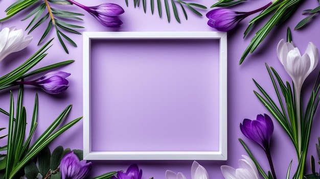 Cornice fotografica con una composizione di fiori di crocus su uno sfondo viola chiaro