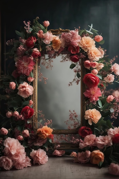 Cornice fotografica vintage con rose e fiori di peonia su sfondo scuro