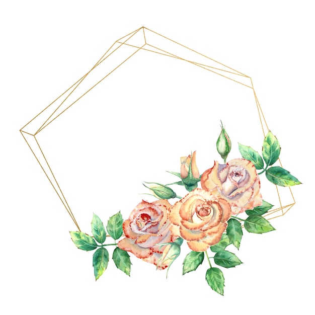 Cornice geometrica dorata decorata con fiori. Rose pesca, foglie verdi, fiori aperti e chiusi. Illustrazione dell'acquerello.