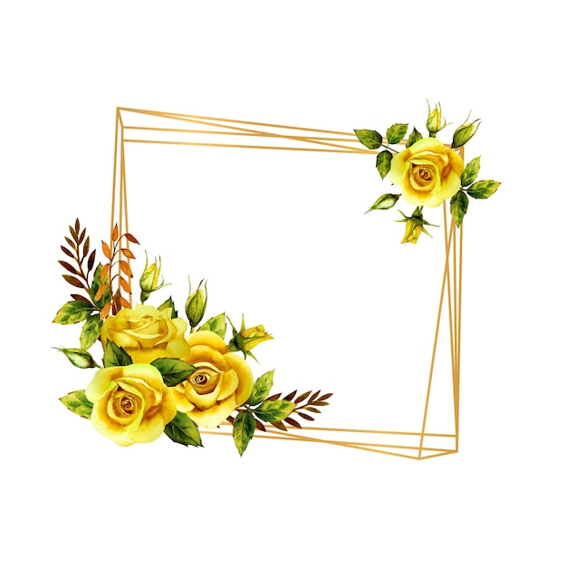 Cornice geometrica in oro con bouquet di rose gialle acquerellate