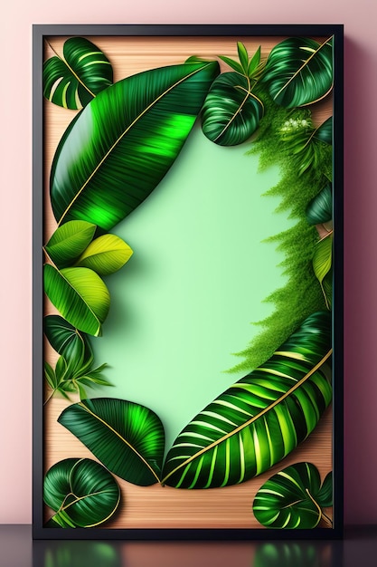 Cornice in legno con foglie tropicali esotiche verdi intorno Spazio per il testo