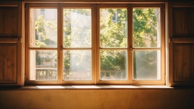 Cornice in legno d'epoca Finestra in vetro Estate Sunny Old City View