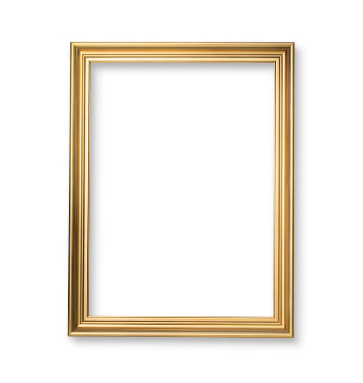 Cornice in legno dorato per dipinti o quadri su sfondo bianco con percorso di ritaglio isolato