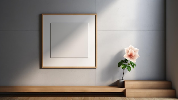 Cornice in legno minimalista con un fiore sulla panchina