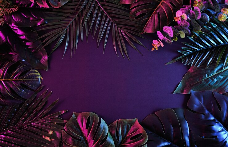 Cornice lunatica surreale con vivide piante tropicali. Concetto retrò moderno e alla moda.