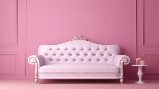 Cornice mockup nel giorno di san valentino con divano bianco su parete di colore rosa IA generativa