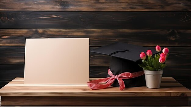 cornice moderna in legno con carta bianca bianca per il testo cornice di laurea con cappuccio nero piccolo