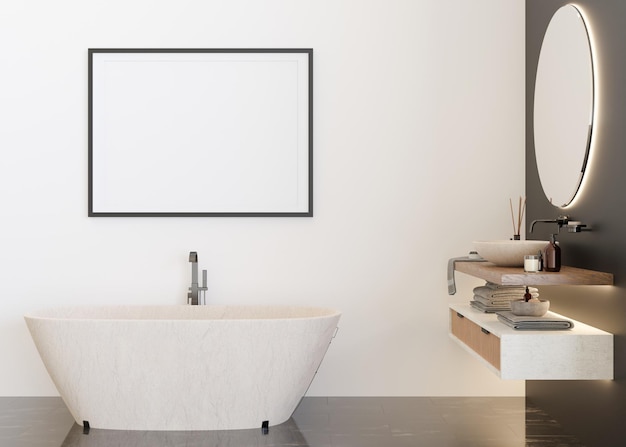 Cornice orizzontale vuota sulla parete bianca in un bagno moderno e di lusso Mock up interni in stile contemporaneo Spazio per la copia gratuito per la grafica del poster dell'immagine Rendering 3D del lavabo del bagno