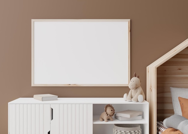 Cornice orizzontale vuota sulla parete marrone nella moderna stanza dei bambini Mock up interni in stile scandinavo Spazio per la copia gratuito per il tuo poster con foto Vista ravvicinata Camera accogliente per bambini Rendering 3D