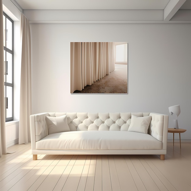 cornice per foto mockup psd appesa nel soggiorno moderno minimalista generato ai
