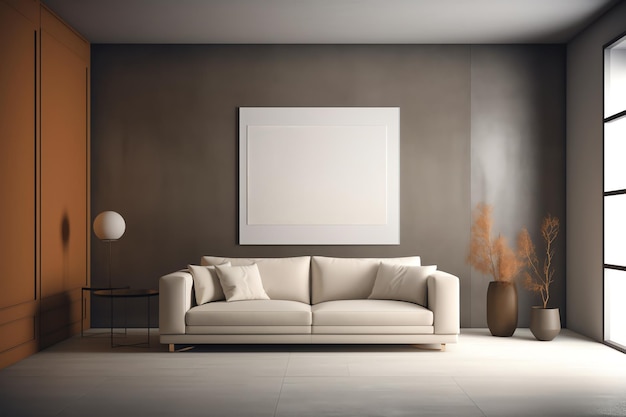 cornice per foto mockup psd appesa nel soggiorno moderno minimalista generato ai