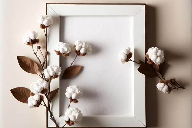 Cornice per foto su fondo di legno bianco con decorazione di rami di fiori di cotone