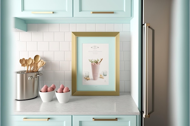 Cornice per foto vuota in cucina design minimalista tavolozza di colori pastello Realizzato da AIIntelligenza artificiale