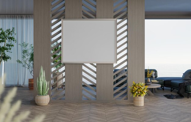 Cornice per foto vuota mockup 3D nel rendering del soggiorno