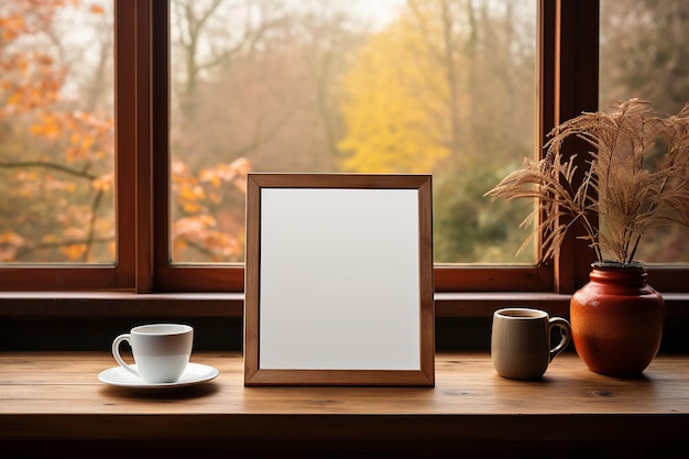 Cornice per foto vuota su tavolo di legno vicino alla finestra con caffè e decorazione della stanza