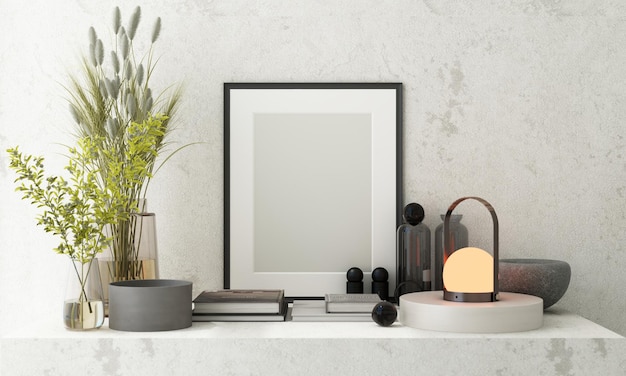 Cornice per poster mockup da vicino su muro di cemento grigio chiaro con fiori bianchi e circostante con decorazione mock up rendering 3D