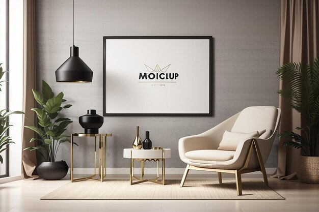 Cornice per poster mockup in interni moderni con poltrona e accessori nella stanza