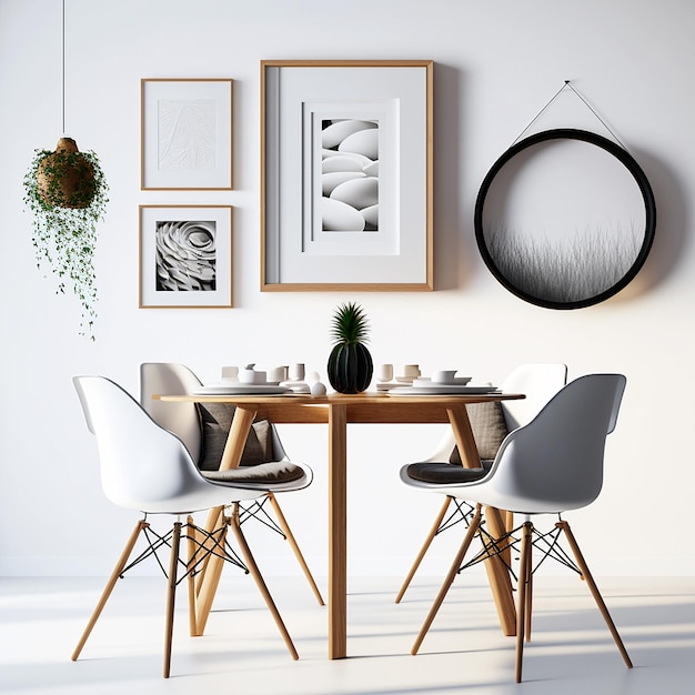 Cornice per poster moderna sala da pranzo interna in stile minimalista foto con cornici in legno e dipinti sul muro bianco creato con Generative AI