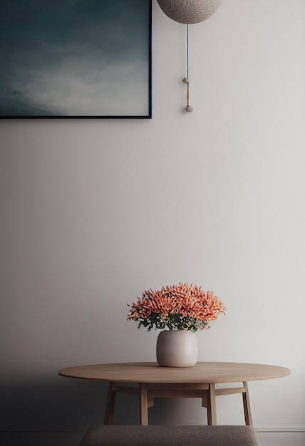 Cornice per poster vuota sulla parete nell'interno del soggiorno con mobili moderni e poltrona Cornice per foto mockup modello forme diverse Illustrazione 3D di rendering 3D in stile scandinavo