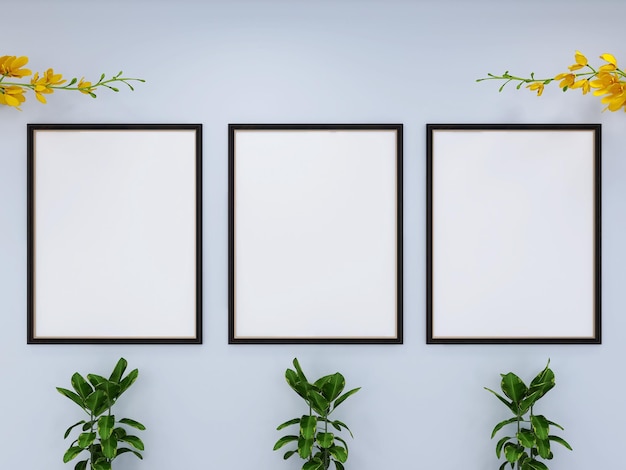 Cornice poster tripla vuota su sfondo bianco con rendering 3D di piante e fiori