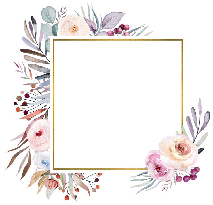 Foto cornice quadrata acquerello floreale invernale con fiori pastello, foglie, bacche e fiori isolati su bianco. composizione floreale blu, viola e rossa per partecipazioni di nozze, cancelleria per le vacanze, artigianato