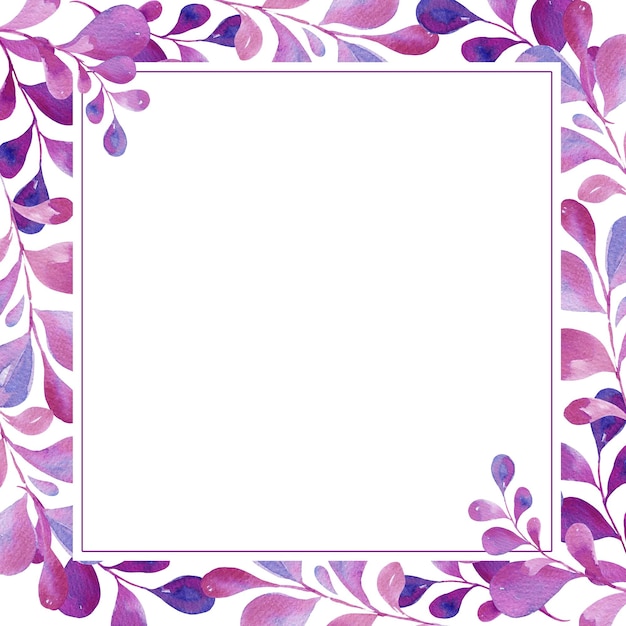 cornice quadrata ad acquerello con foglie rosa magenta gradiente in illustrazione schizzo viola e viola