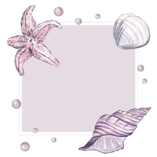 Cornice quadrata con conchiglie stelle marine e perle nei colori rosa e lilla Illustrazione acquerello