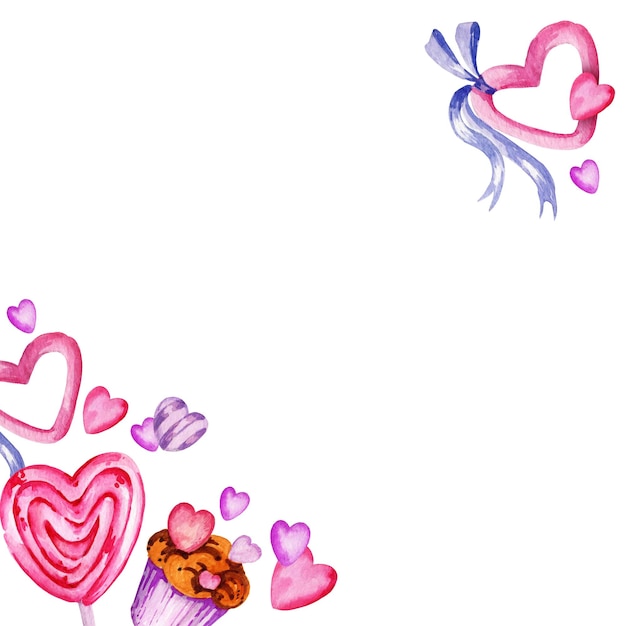Cornice quadrata dell'acquerello del tema del giorno di San Valentino con disegno a mano di dolci caramelle cuore e muffin