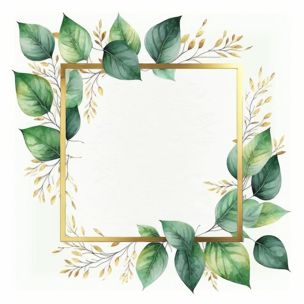 Cornice quadrata di foglie verdi e dorate con pittura ad acquerello