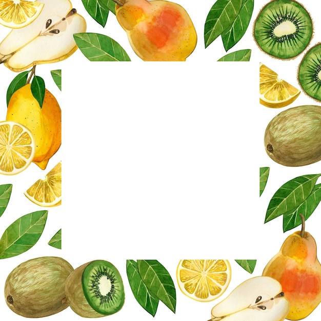 Cornice quadrata di frutta su sfondo bianco Pera di frutta mezza pera limone kiwi e fette di frutta foglie verdi disegnate ad acquerello Adatte per decorare menu libri cucine tessili