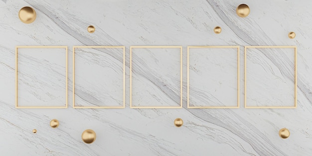 Cornice quadrata dorata sulla parete di marmo Cornice dorata vuota e sfondo semplice stile minimalista