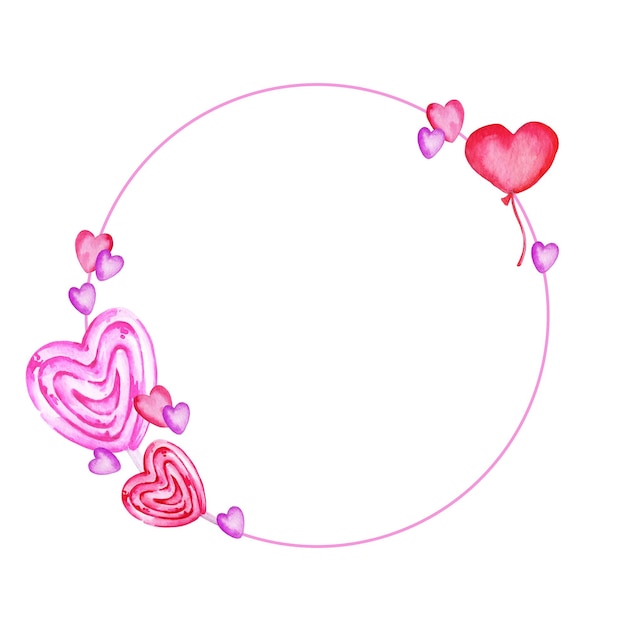 Cornice rotonda dell'acquerello con cuore a tema giorno san valentino disegno a mano illustrazione rosa e lilla colou