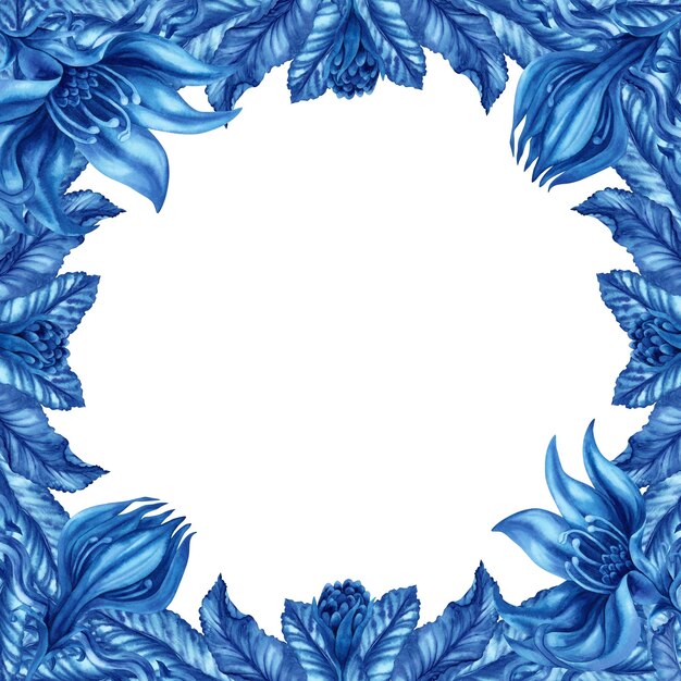 Cornice rotonda dell'acquerello disegnato a mano di fiori blu fantasia