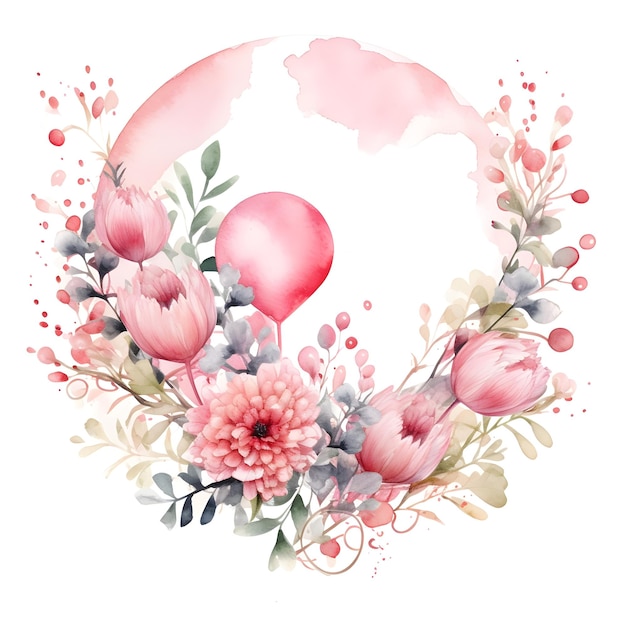 Cornice rotonda di compleanno dell'acquerello con palloncini e fiori