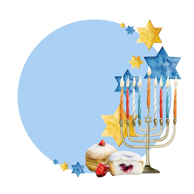 Cornice rotonda ebraica Hanukkah con ciambelle tradizionali menorah dreidel, modello di biglietto di auguri Hanuka