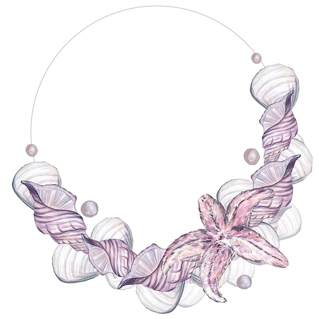 Cornice rotonda fatta di conchiglie perle stelle marine e capesante in uno stile romantico isolare